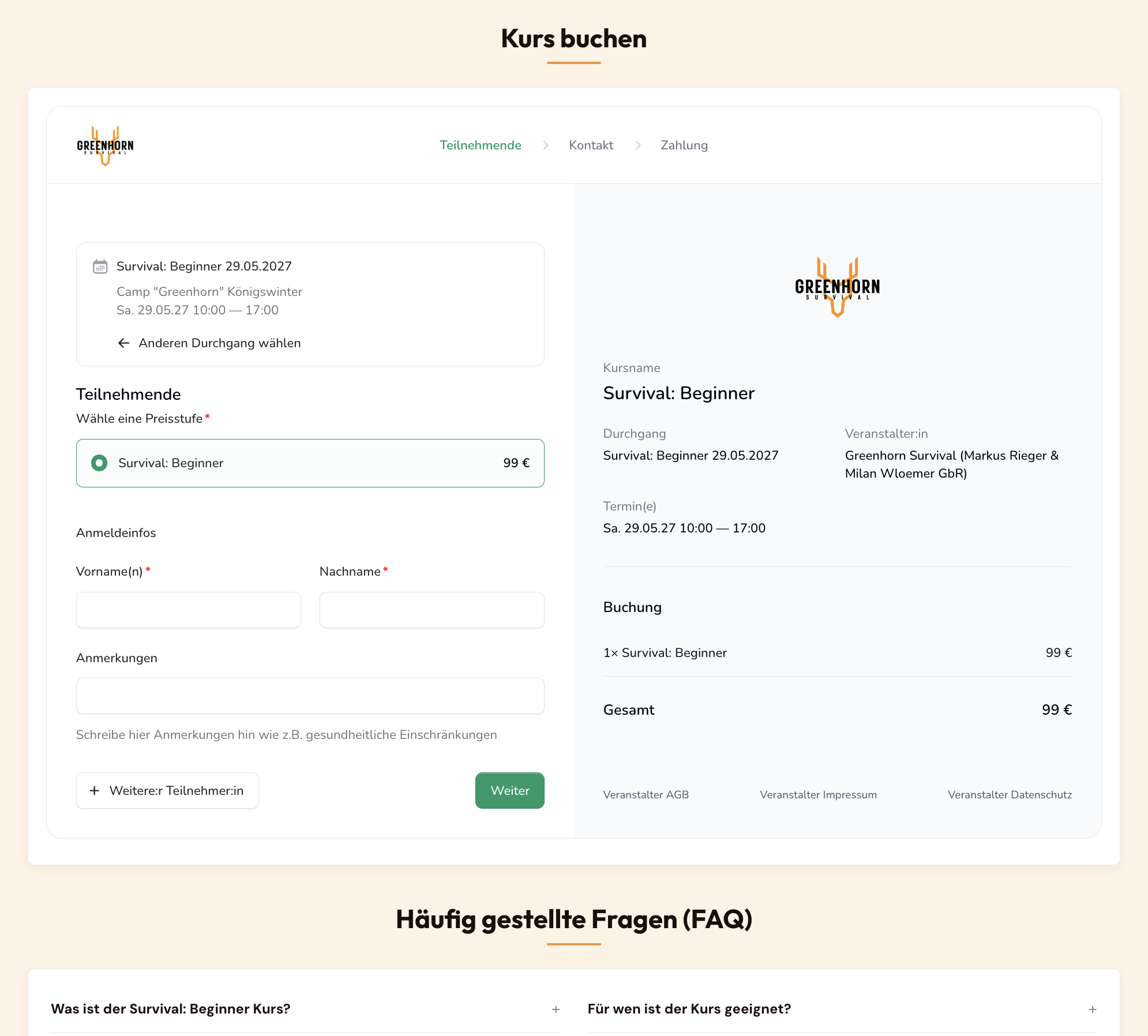 WildNet-Buchungsformular eingebettet in die Website eines Kursanbieters