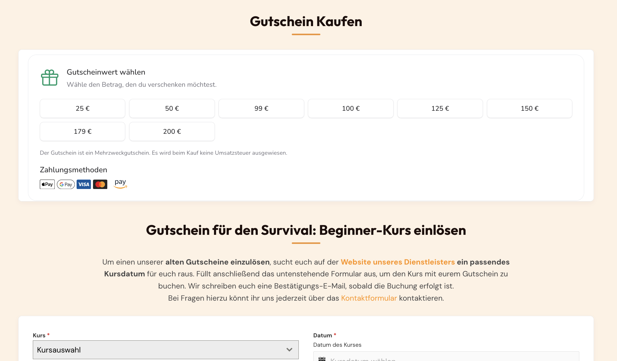 WildNet-Gutscheinshop eingebettet in die Website eines Kursanbieters
